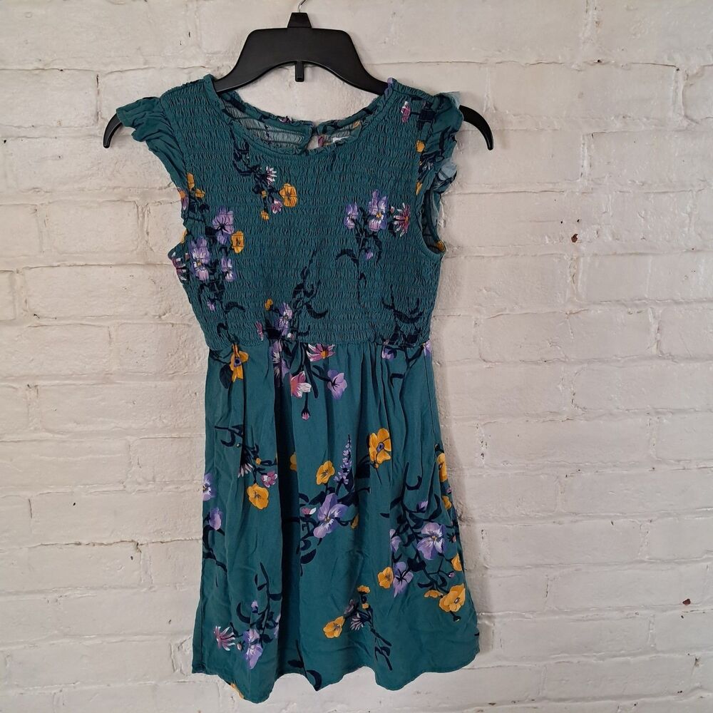Old Navy Girls L(10-12) green floral smocked fit-and-flare dress Short Sleeves